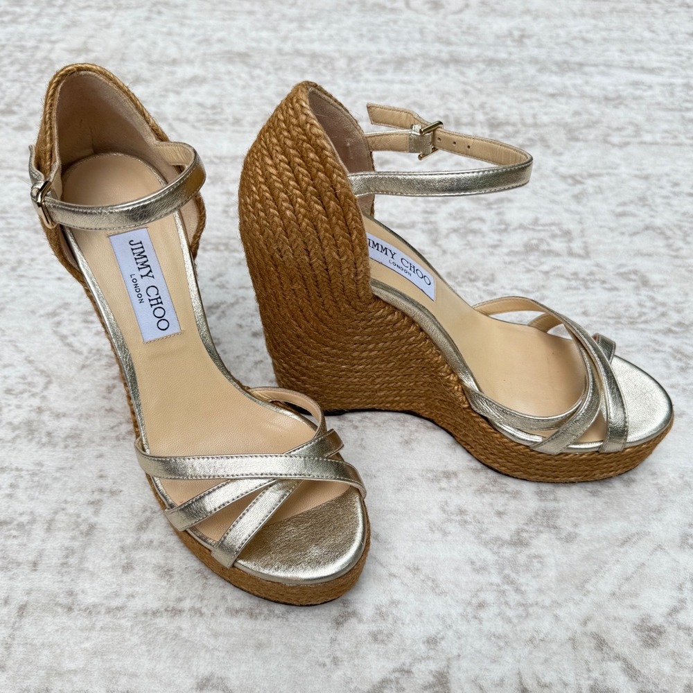 Jimmy Choo Espadrille Wedge Sandals Womens Gold Metallic Platform Strappy 39.5